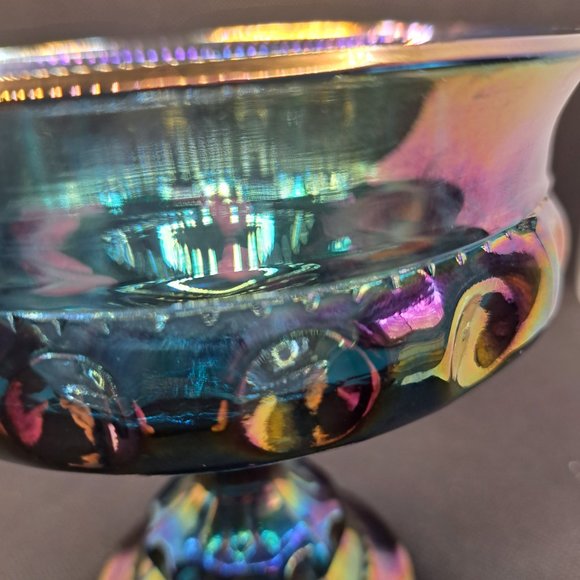 Vintage Carnival Glass Kings Crown Thumbprint Blue Iridescent Indiana Compote - Picture 9 of 11